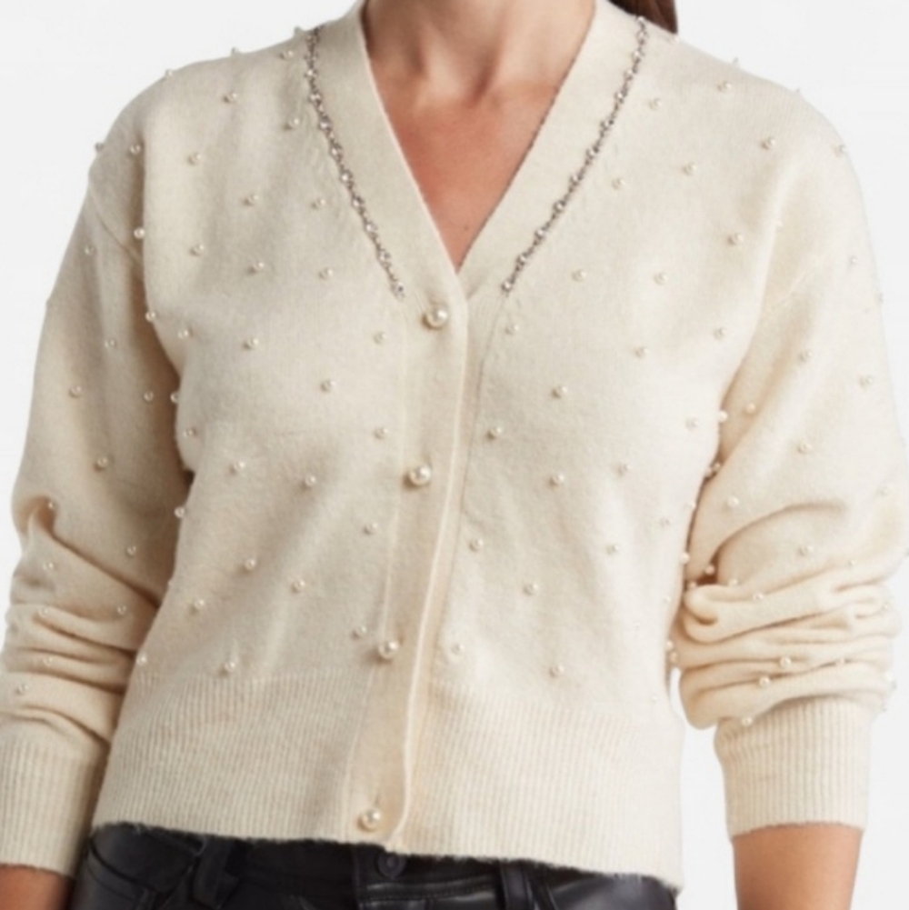 Astr Cream Pearl-Studded Women's Cardigan. Sparkling Crystal Neckline